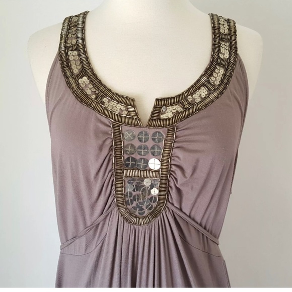Boston Proper Knit Maxi Dress Sequin Beaded Size L Taupe Tie-back Long Formal - Picture 1 of 5